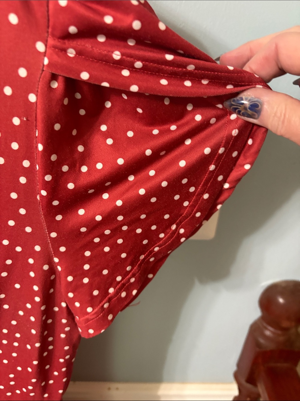 Red Polka Dot Wrap Midi Dress with Tie Waist - Picture 3 of 6